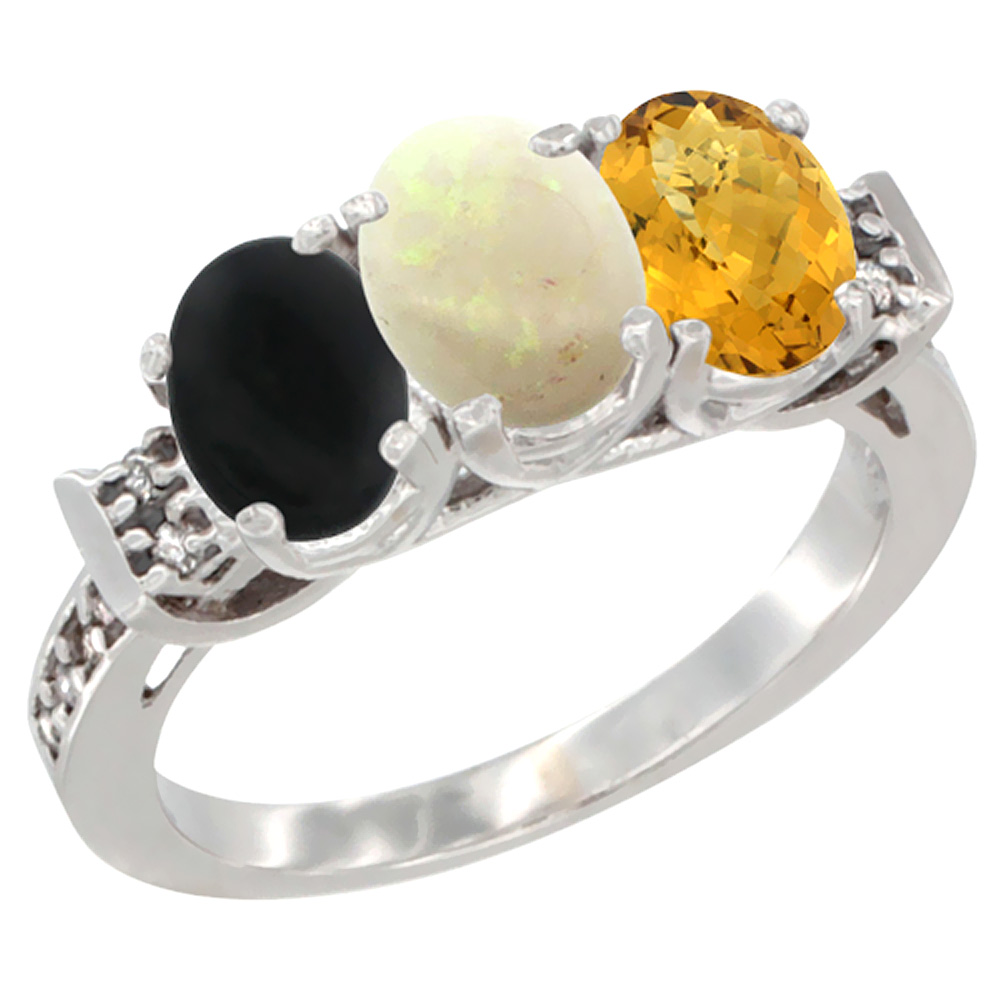 14K White Gold Natural Black Onyx, Opal & Whisky Quartz Ring 3-Stone Oval 7x5 mm Diamond Accent, sizes 5 - 10