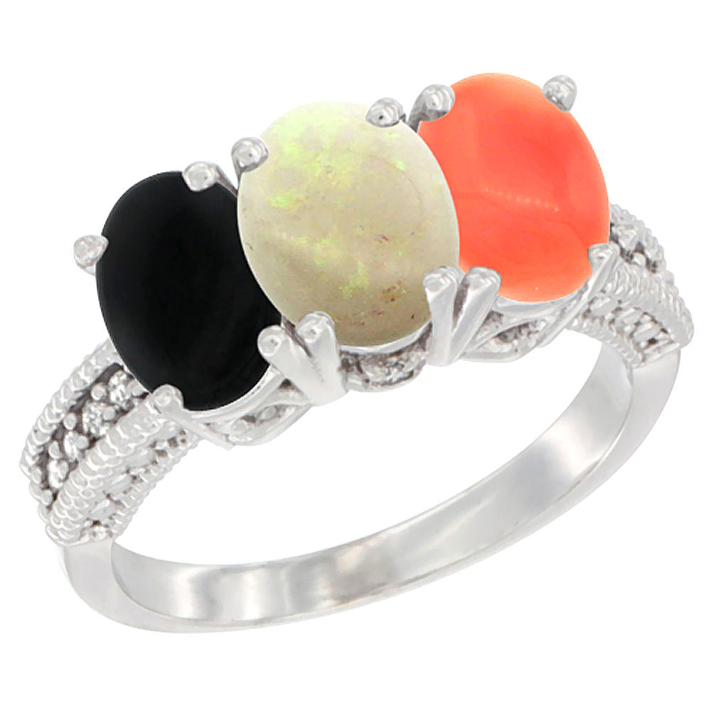 10K White Gold Diamond Natural Black Onyx, Opal & Coral Ring 3-Stone 7x5 mm Oval, sizes 5 - 10