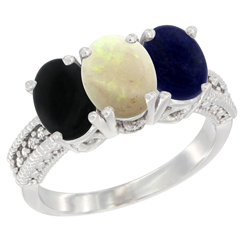 10K White Gold Diamond Natural Black Onyx, Opal &amp; Lapis Ring 3-Stone 7x5 mm Oval, sizes 5 - 10