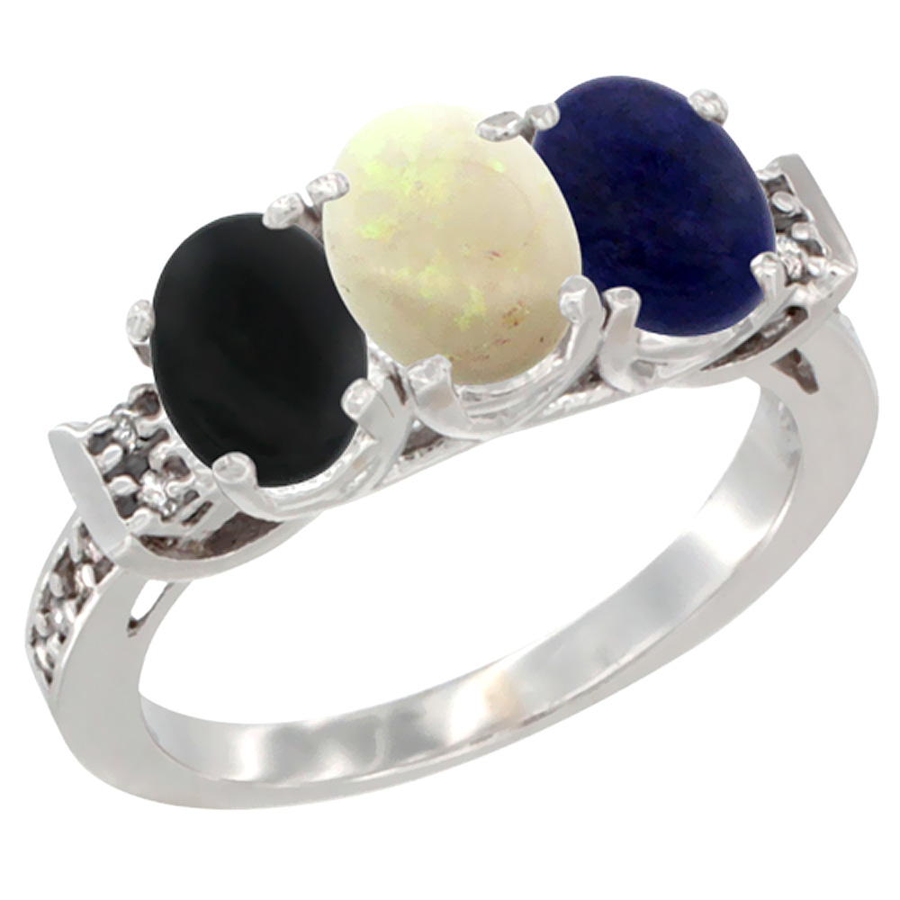 10K White Gold Natural Black Onyx, Opal & Lapis Ring 3-Stone Oval 7x5 mm Diamond Accent, sizes 5 - 10