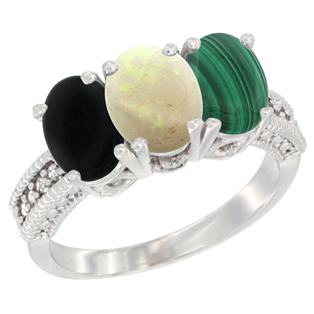 14K White Gold Natural Black Onyx, Opal & Malachite Ring 3-Stone 7x5 mm Oval Diamond Accent, sizes 5 - 10