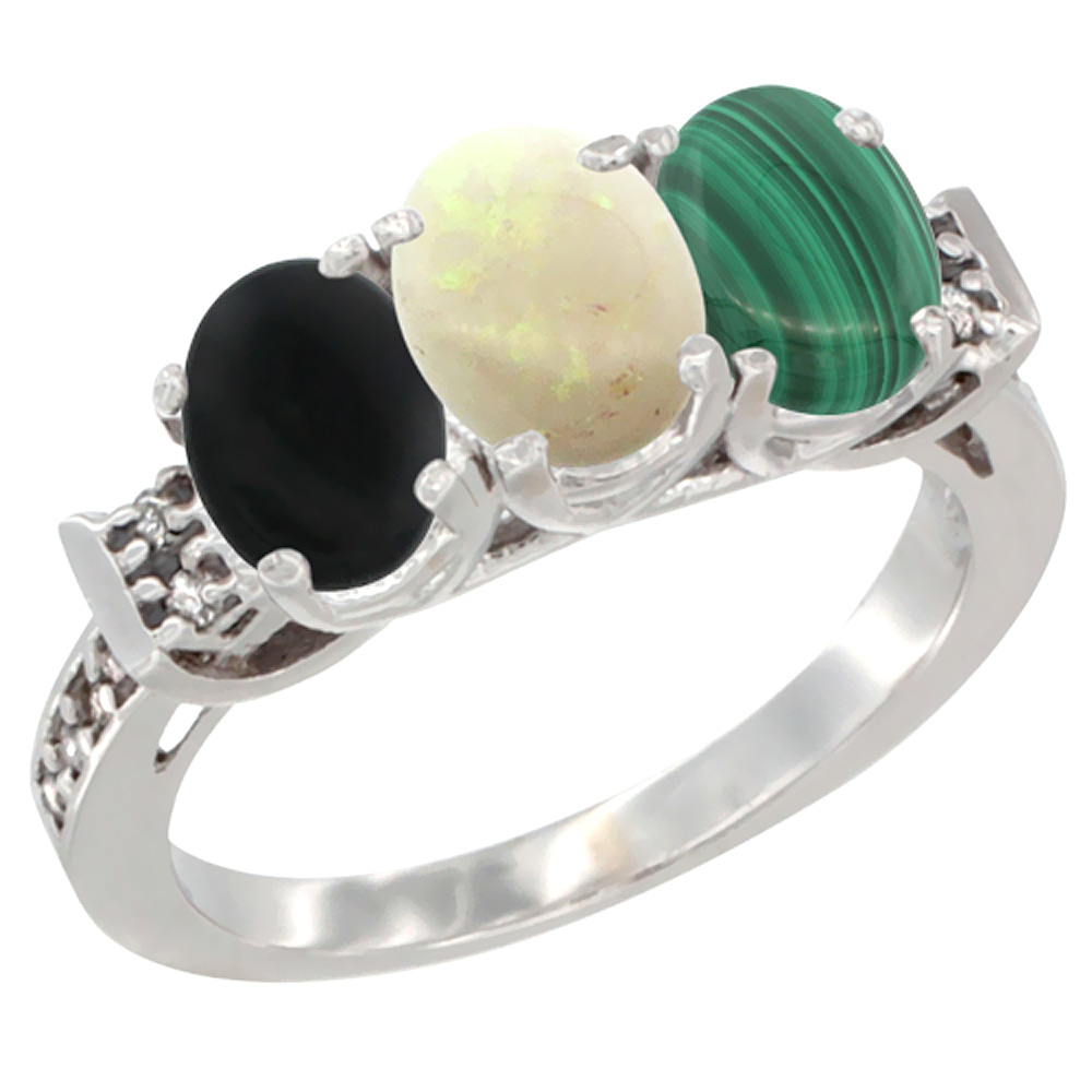 10K White Gold Natural Black Onyx, Opal &amp; Malachite Ring 3-Stone Oval 7x5 mm Diamond Accent, sizes 5 - 10