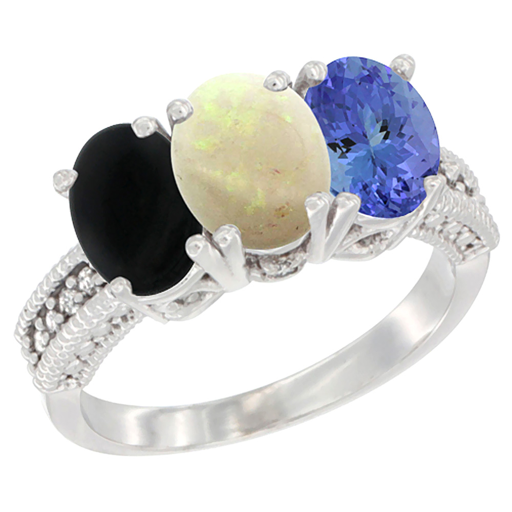 14K White Gold Natural Black Onyx, Opal & Tanzanite Ring 3-Stone 7x5 mm Oval Diamond Accent, sizes 5 - 10