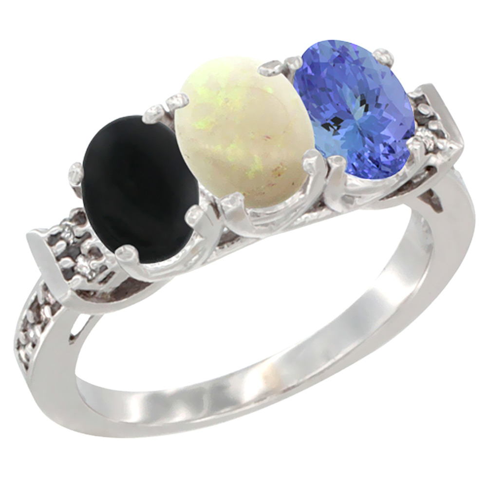 10K White Gold Natural Black Onyx, Opal &amp; Tanzanite Ring 3-Stone Oval 7x5 mm Diamond Accent, sizes 5 - 10