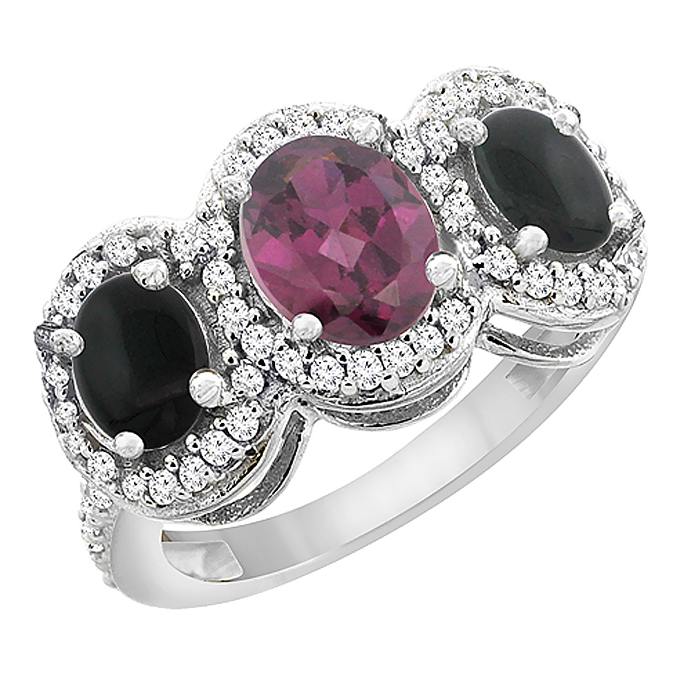 10K White Gold Natural Rhodolite &amp; Black Onyx 3-Stone Ring Oval Diamond Accent, sizes 5 - 10