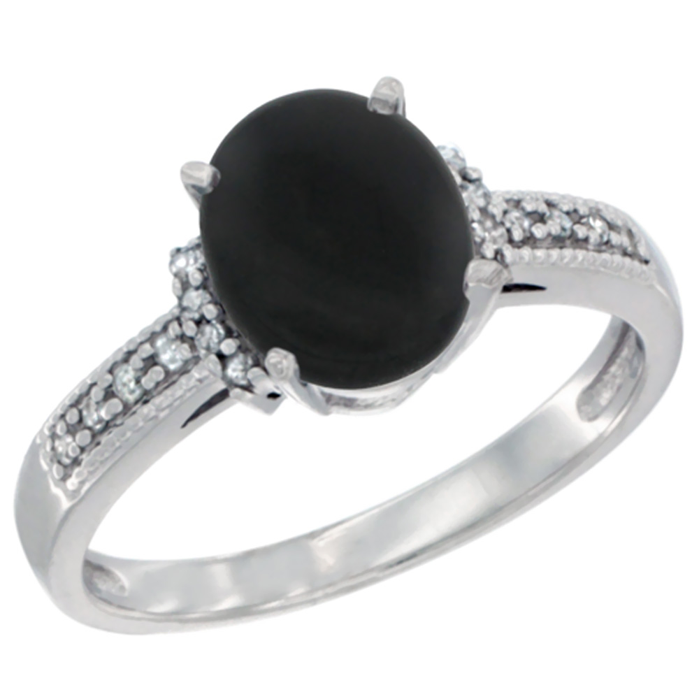 14K WHITE GOLD NATURAL BLACK ONYX RING OVAL 9X7 MM DIAMOND ACCENT, SIZES 5 - 10