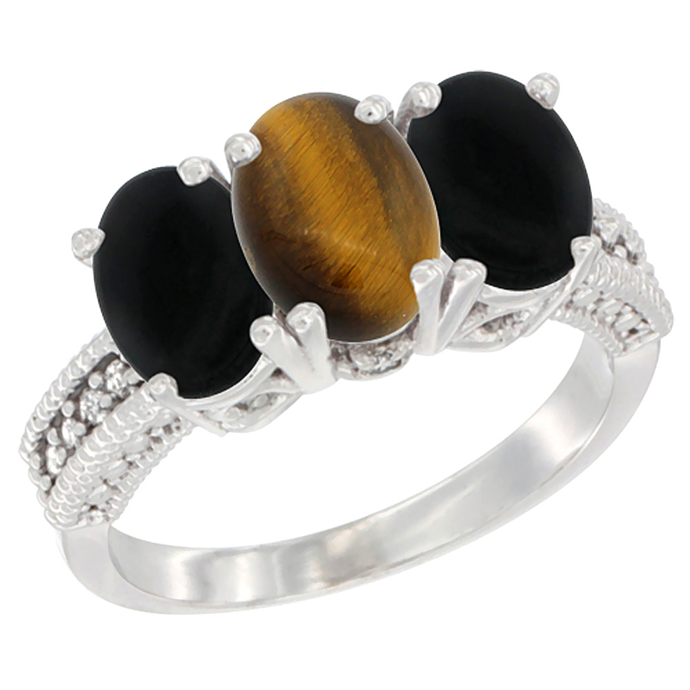 14K White Gold Natural Tiger Eye & Black Onyx Sides Ring 3-Stone 7x5 mm Oval Diamond Accent, sizes 5 - 10
