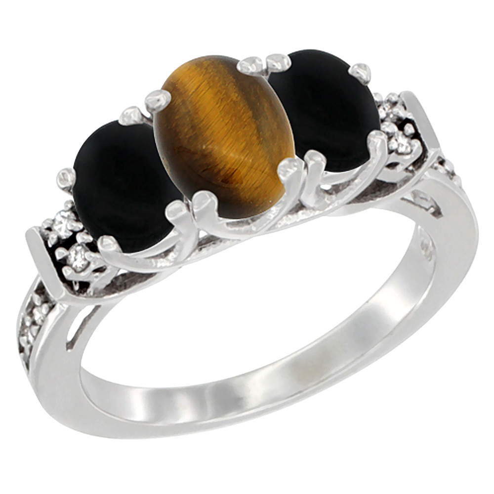 10K White Gold Natural Tiger Eye &amp; Black Onyx Ring 3-Stone Oval Diamond Accent, sizes 5-10