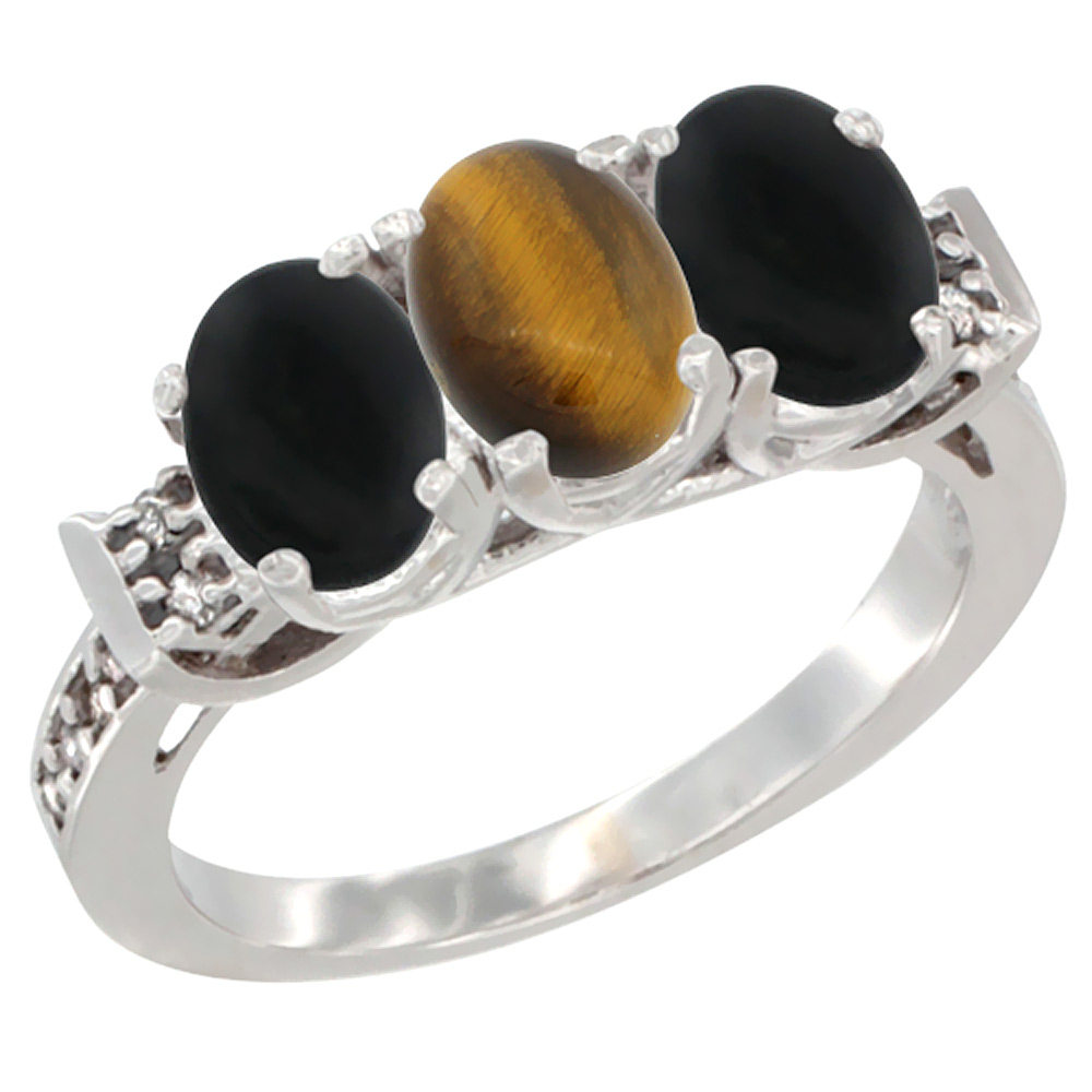 14K White Gold Natural Tiger Eye & Black Onyx Sides Ring 3-Stone Oval 7x5 mm Diamond Accent, sizes 5 - 10