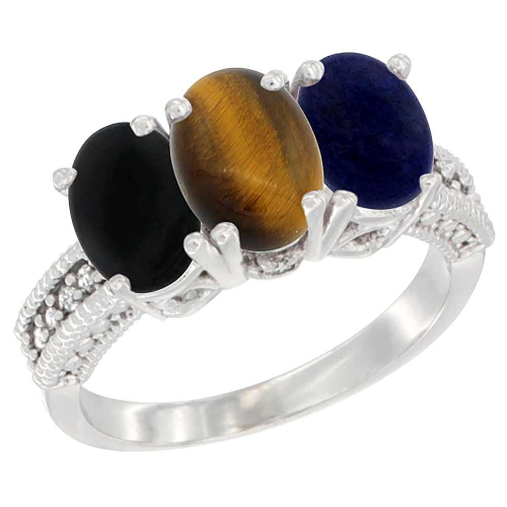 14K White Gold Natural Black Onyx, Tiger Eye & Lapis Ring 3-Stone 7x5 mm Oval Diamond Accent, sizes 5 - 10