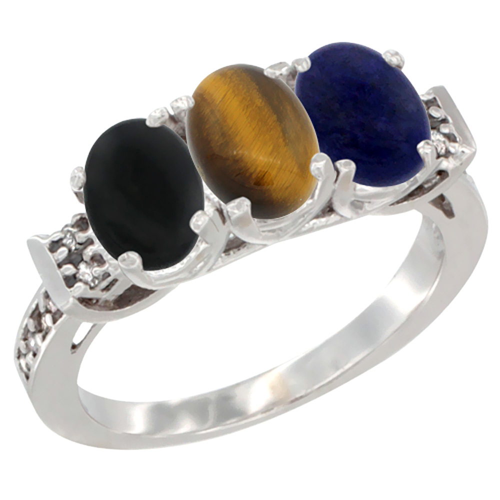 10K White Gold Natural Black Onyx, Tiger Eye & Lapis Ring 3-Stone Oval 7x5 mm Diamond Accent, sizes 5 - 10