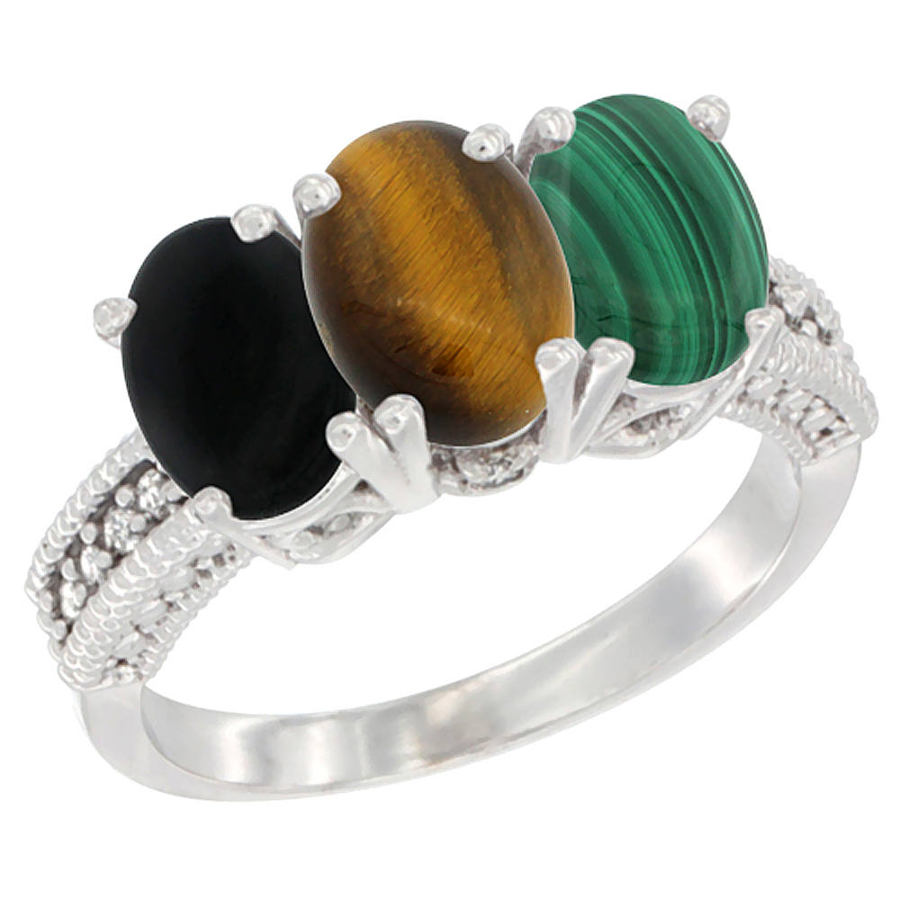 10K White Gold Diamond Natural Black Onyx, Tiger Eye & Malachite Ring 3-Stone 7x5 mm Oval, sizes 5 - 10