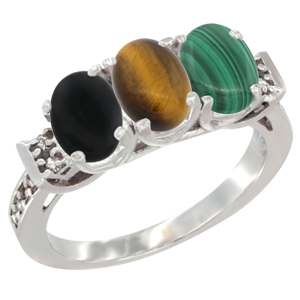 10K White Gold Natural Black Onyx, Tiger Eye & Malachite Ring 3-Stone Oval 7x5 mm Diamond Accent, sizes 5 - 10