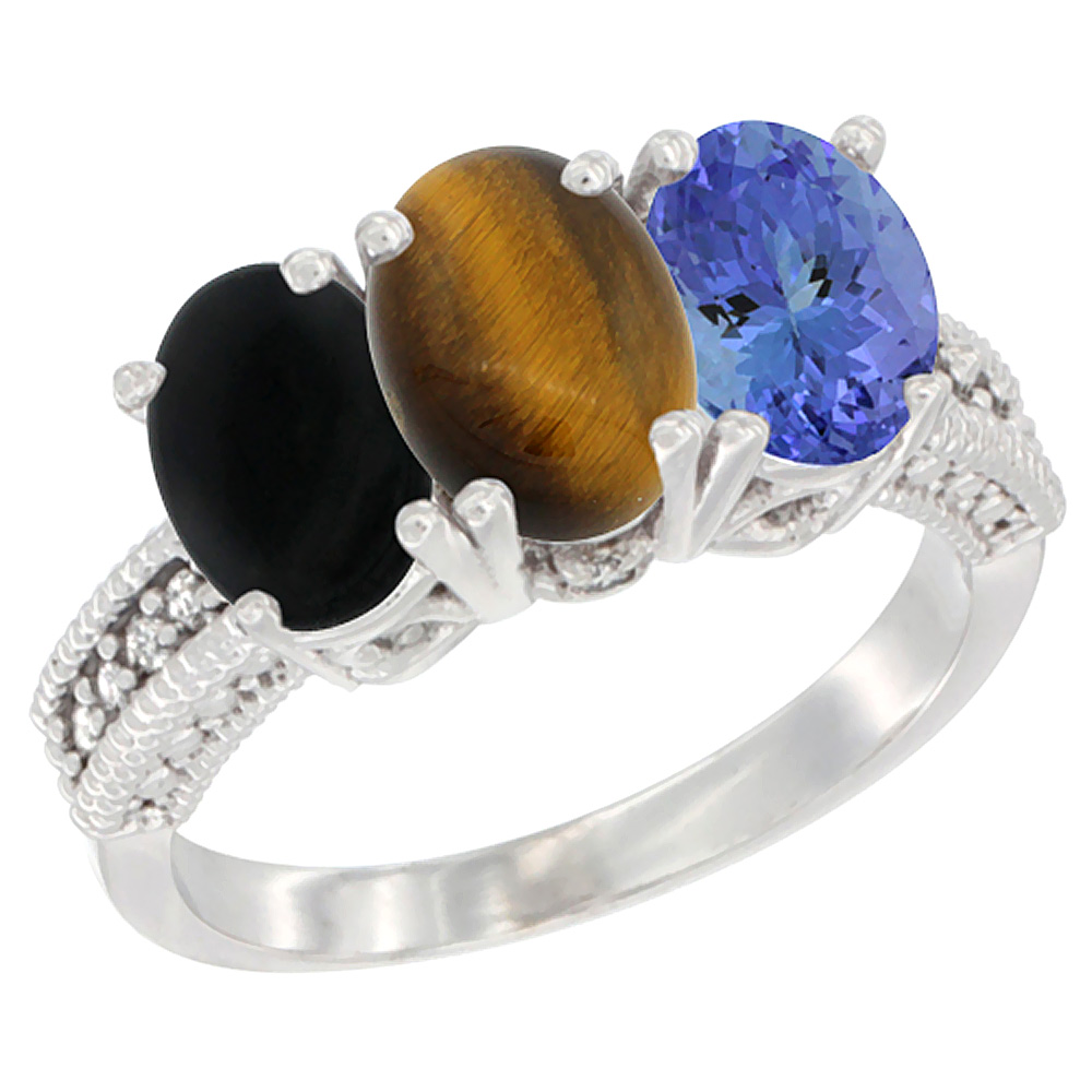 10K White Gold Diamond Natural Black Onyx, Tiger Eye & Tanzanite Ring 3-Stone 7x5 mm Oval, sizes 5 - 10