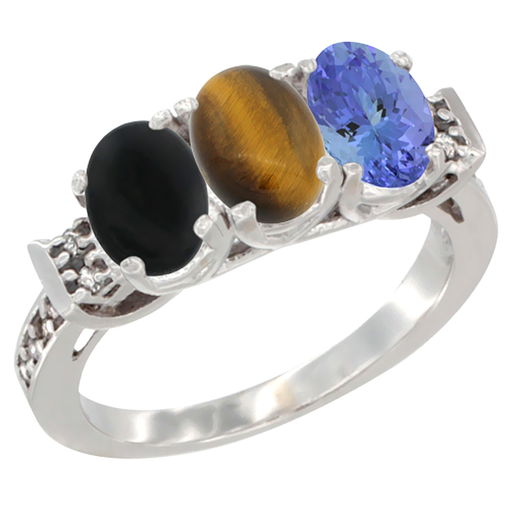 10K White Gold Natural Black Onyx, Tiger Eye &amp; Tanzanite Ring 3-Stone Oval 7x5 mm Diamond Accent, sizes 5 - 10