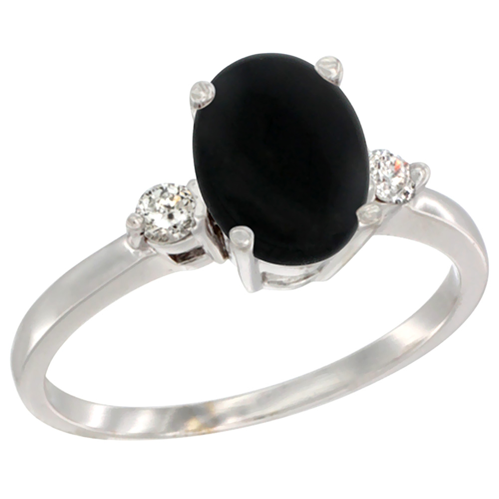 14K White Gold Natural Black Onyx Ring Oval 9x7 mm Diamond Accent, sizes 5 to 10