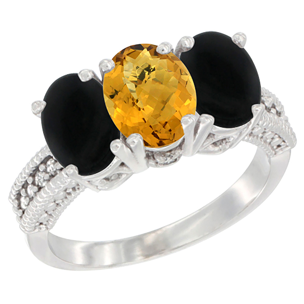 14K White Gold Natural Whisky Quartz & Black Onyx Sides Ring 3-Stone 7x5 mm Oval Diamond Accent, sizes 5 - 10