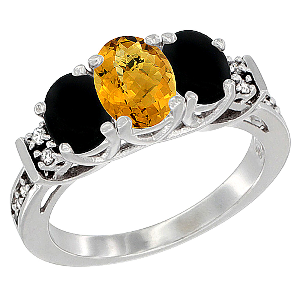 14K White Gold Natural Whisky Quartz & Black Onyx Ring 3-Stone Oval Diamond Accent, sizes 5-10