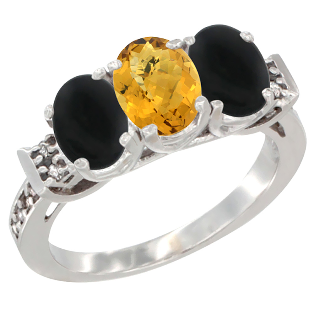 14K White Gold Natural Whisky Quartz & Black Onyx Sides Ring 3-Stone Oval 7x5 mm Diamond Accent, sizes 5 - 10