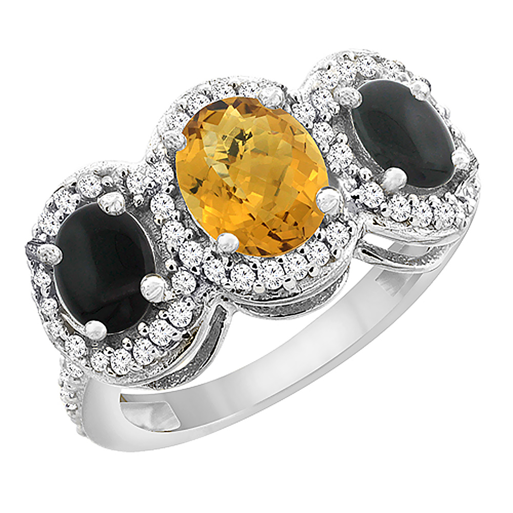 14K White Gold Natural Whisky Quartz & Black Onyx 3-Stone Ring Oval Diamond Accent, sizes 5 - 10