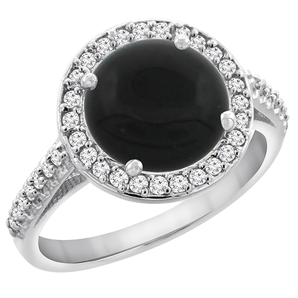 10K White Gold Natural Black Onyx Ring Round 8mm Diamond Halo, sizes 5 to 10