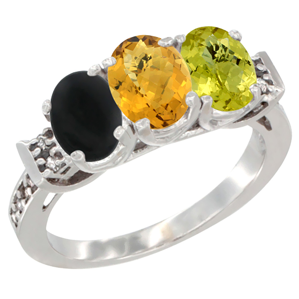 14K White Gold Natural Black Onyx, Whisky Quartz &amp; Lemon Quartz Ring 3-Stone Oval 7x5 mm Diamond Accent, sizes 5 - 10