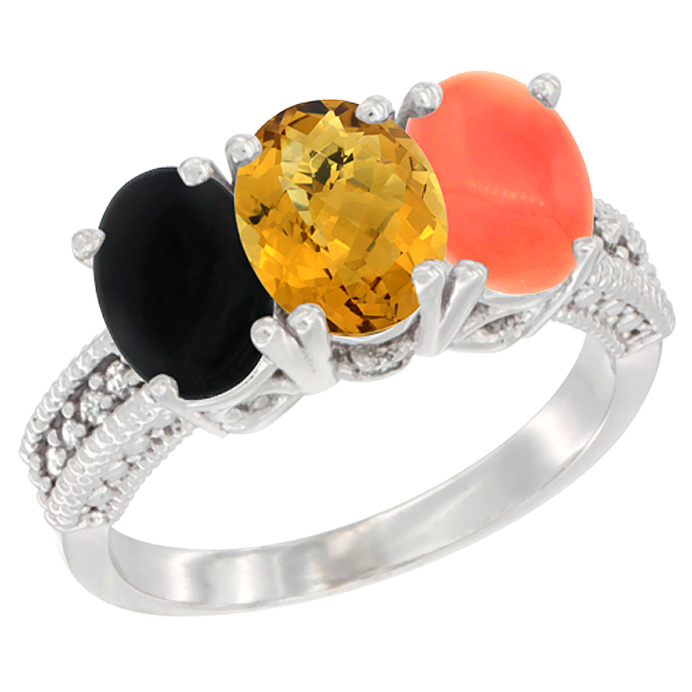 14K White Gold Natural Black Onyx, Whisky Quartz & Coral Ring 3-Stone 7x5 mm Oval Diamond Accent, sizes 5 - 10