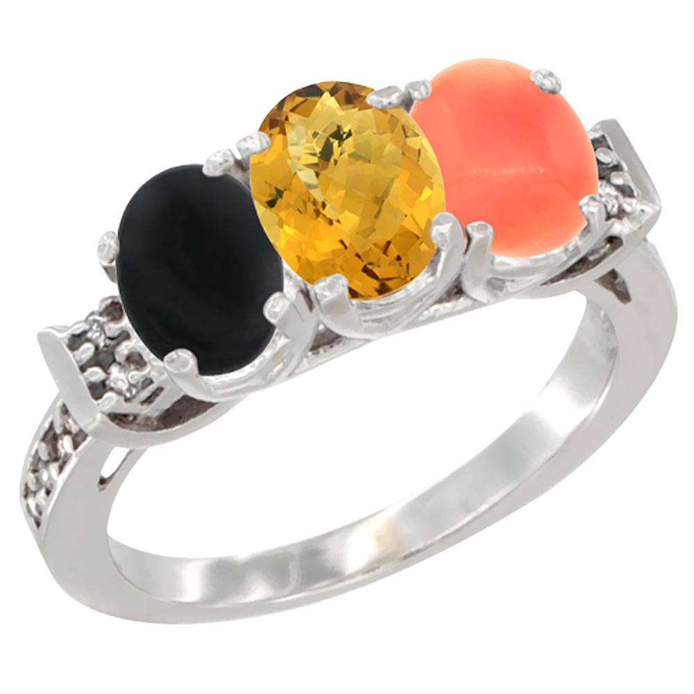 10K White Gold Natural Black Onyx, Whisky Quartz & Coral Ring 3-Stone Oval 7x5 mm Diamond Accent, sizes 5 - 10