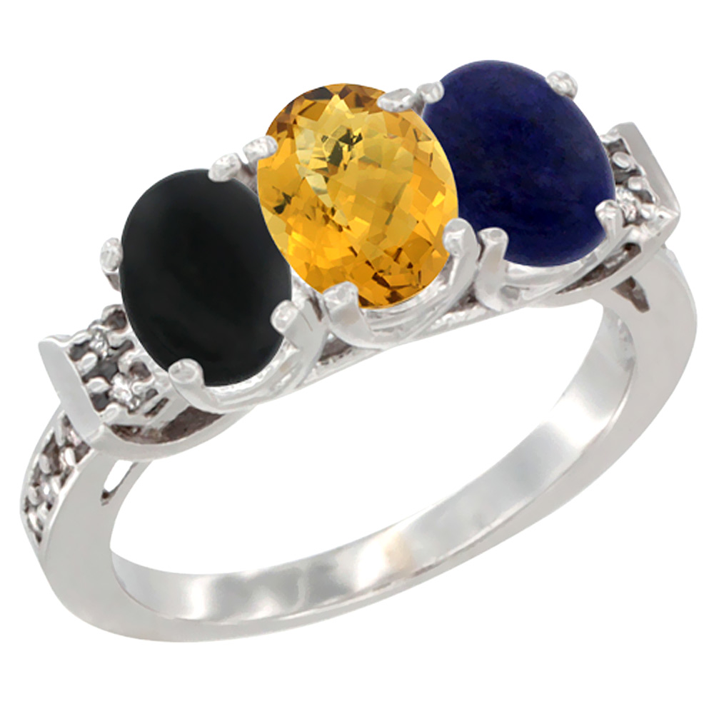 14K White Gold Natural Black Onyx, Whisky Quartz &amp; Lapis Ring 3-Stone Oval 7x5 mm Diamond Accent, sizes 5 - 10