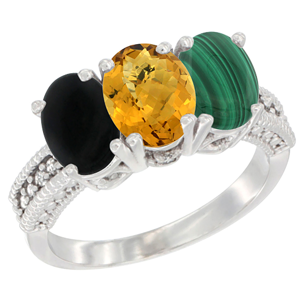 14K White Gold Natural Black Onyx, Whisky Quartz &amp; Malachite Ring 3-Stone 7x5 mm Oval Diamond Accent, sizes 5 - 10