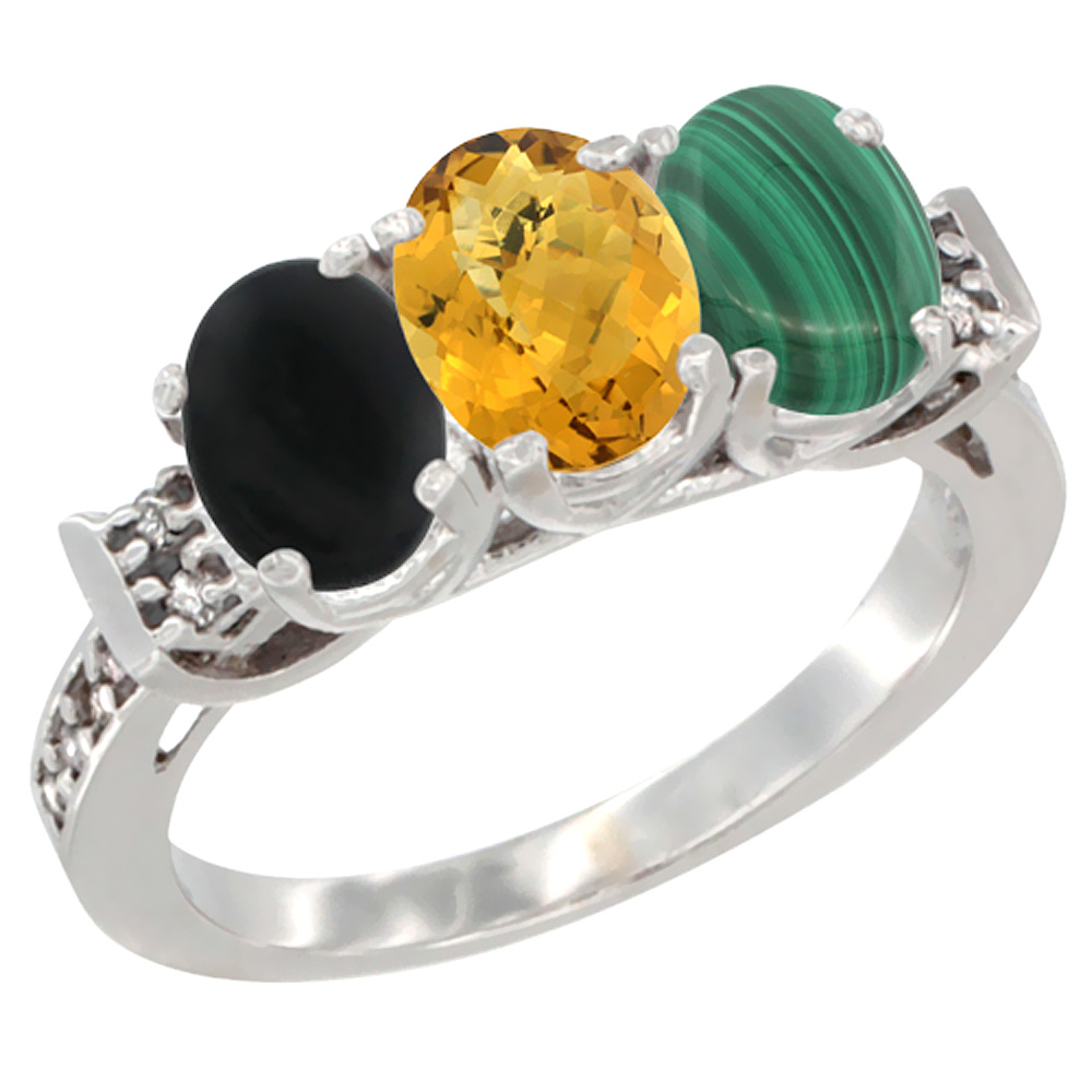 10K White Gold Natural Black Onyx, Whisky Quartz & Malachite Ring 3-Stone Oval 7x5 mm Diamond Accent, sizes 5 - 10