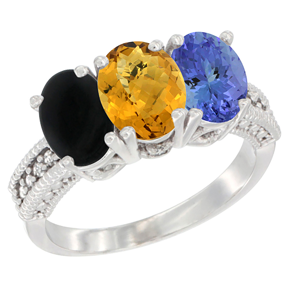 10K White Gold Diamond Natural Black Onyx, Whisky Quartz & Tanzanite Ring 3-Stone 7x5 mm Oval, sizes 5 - 10