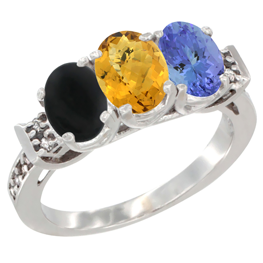 14K White Gold Natural Black Onyx, Whisky Quartz &amp; Tanzanite Ring 3-Stone Oval 7x5 mm Diamond Accent, sizes 5 - 10