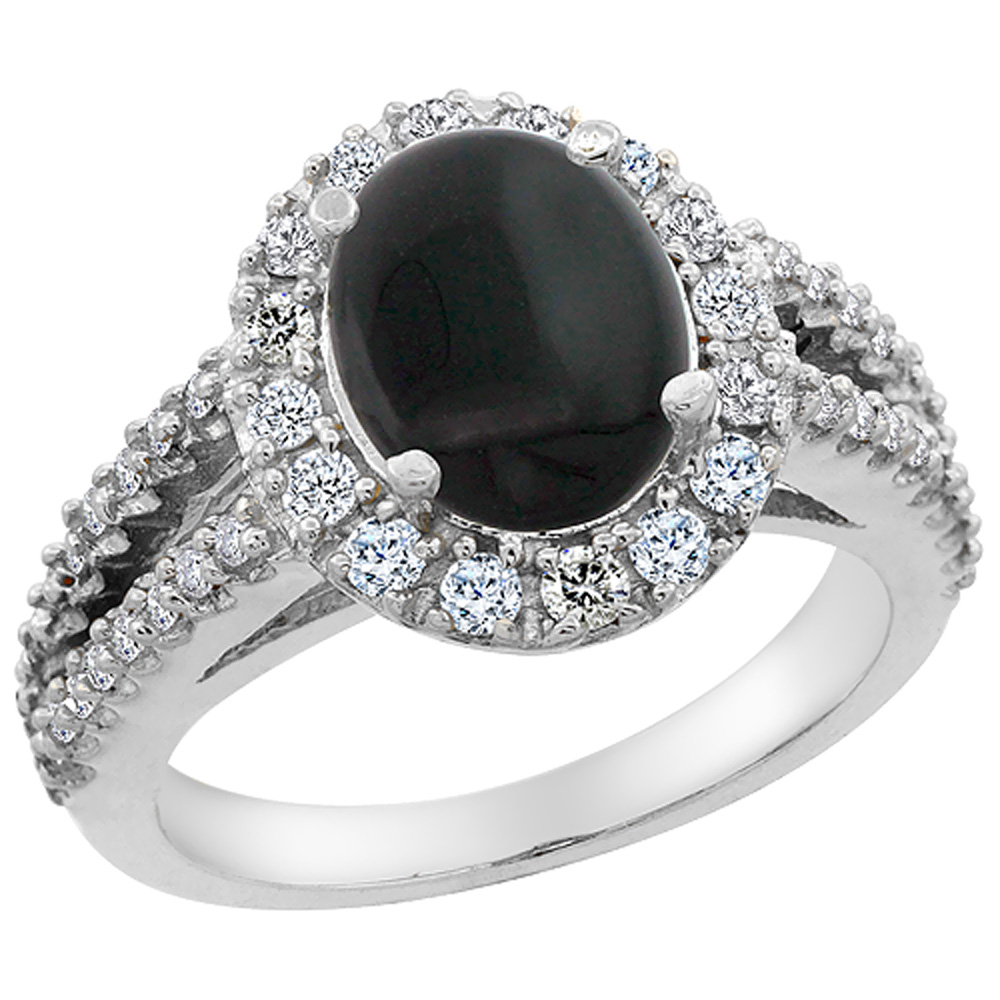 14K White Gold Diamond Natural Black Onyx Engagement Ring Oval 10x8mm, sizes 5-10