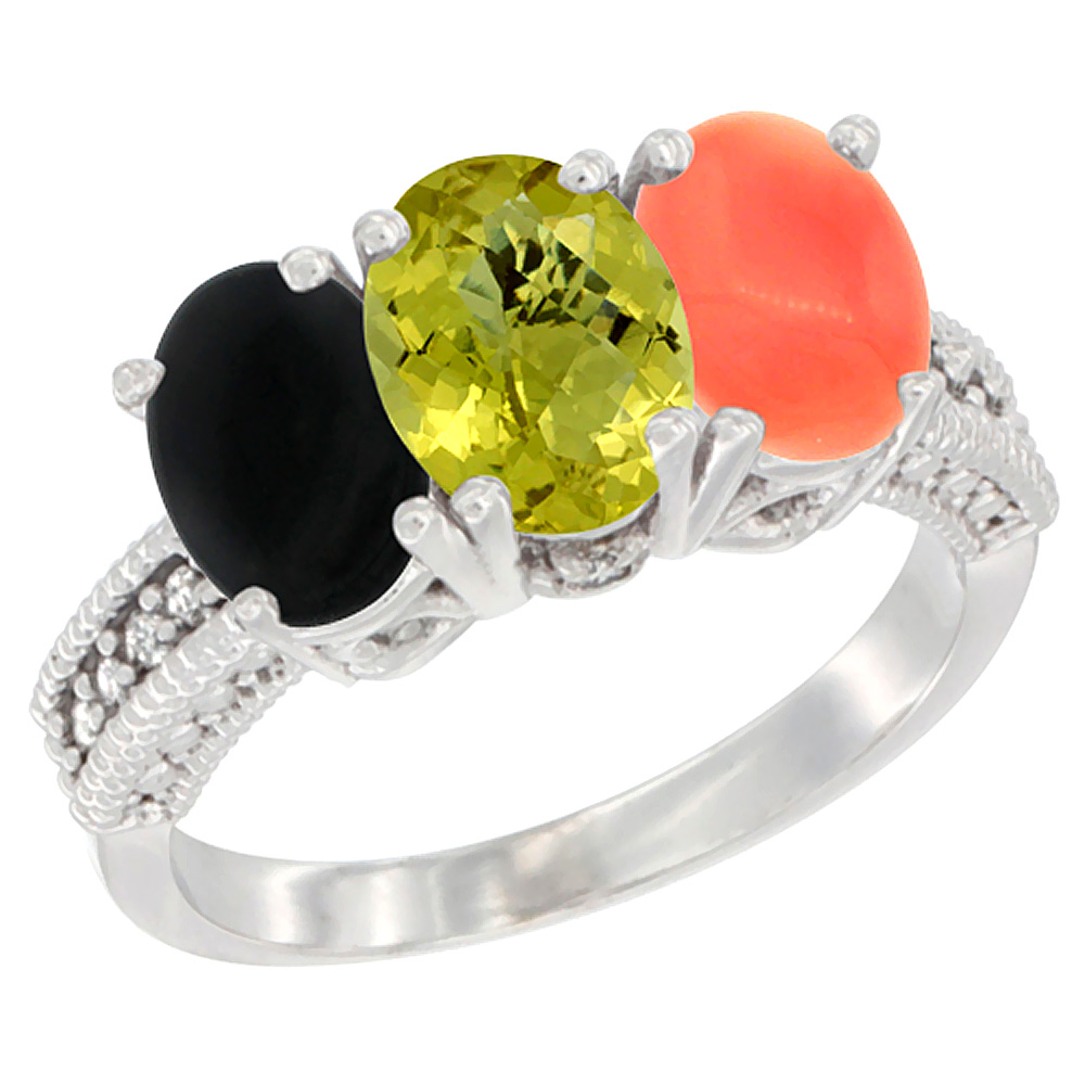 10K White Gold Diamond Natural Black Onyx, Lemon Quartz &amp; Coral Ring 3-Stone 7x5 mm Oval, sizes 5 - 10