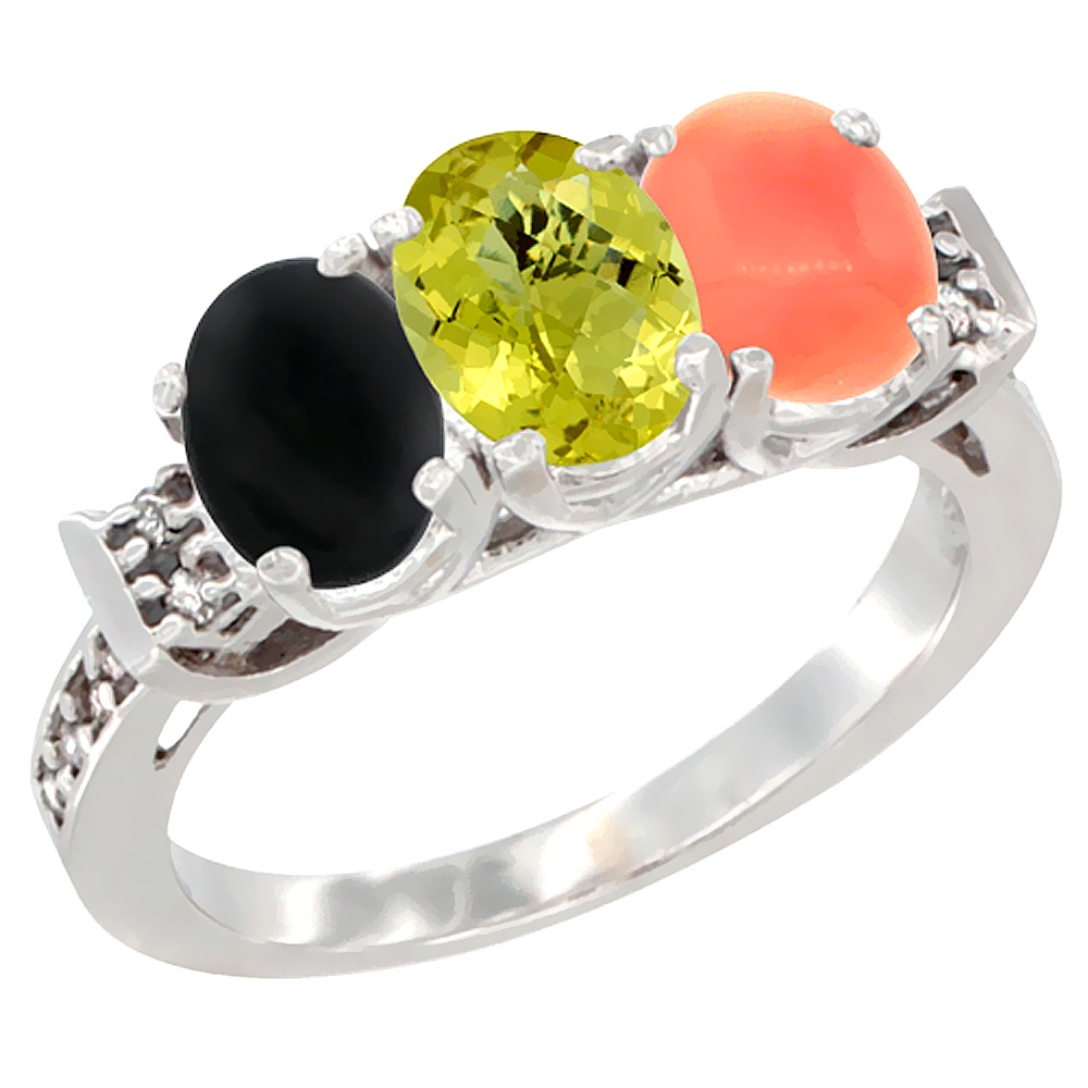 10K White Gold Natural Black Onyx, Lemon Quartz &amp; Coral Ring 3-Stone Oval 7x5 mm Diamond Accent, sizes 5 - 10