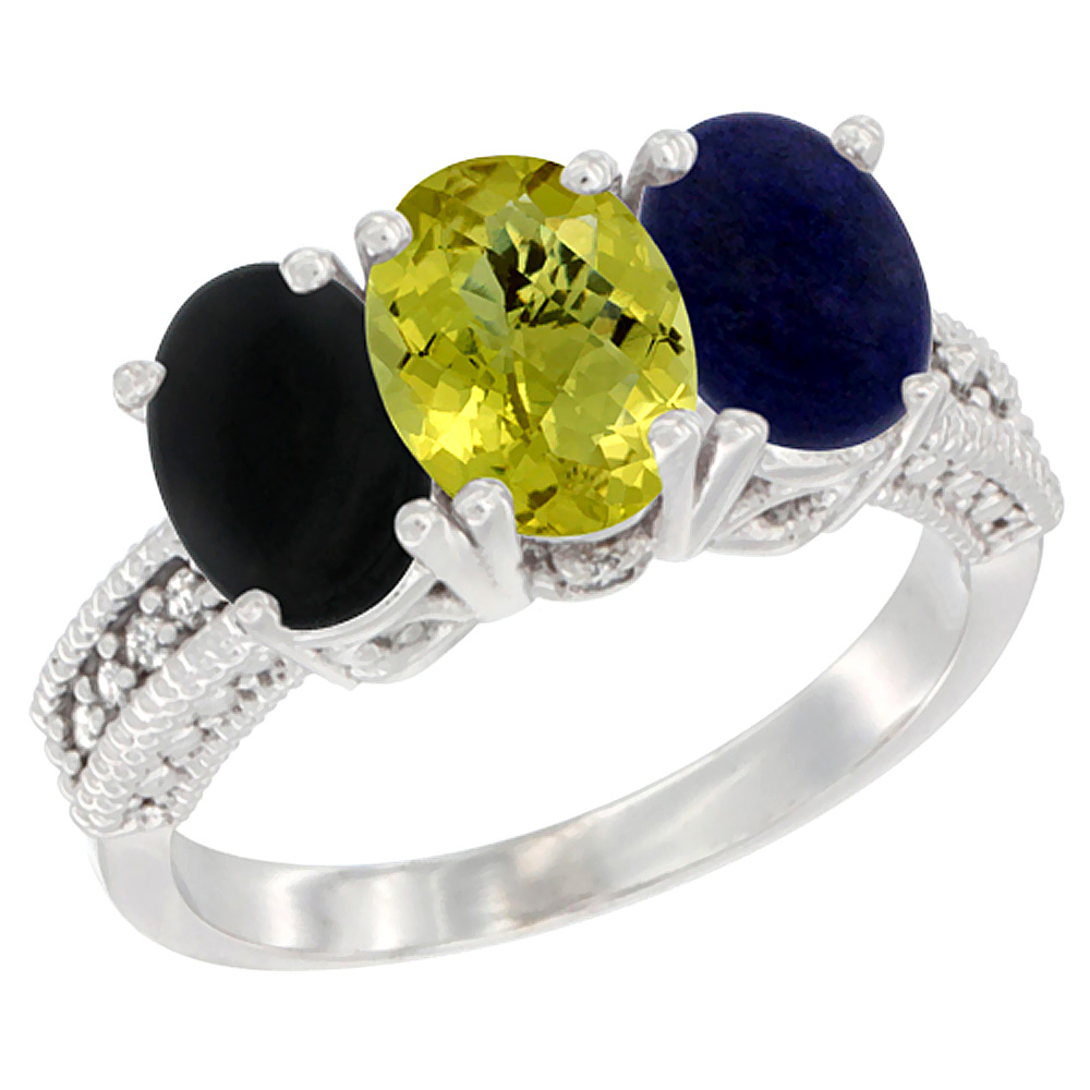 14K White Gold Natural Black Onyx, Lemon Quartz &amp; Lapis Ring 3-Stone 7x5 mm Oval Diamond Accent, sizes 5 - 10