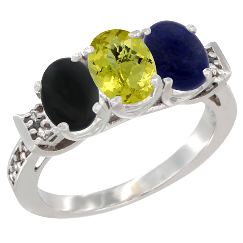 14K White Gold Natural Black Onyx, Lemon Quartz &amp; Lapis Ring 3-Stone Oval 7x5 mm Diamond Accent, sizes 5 - 10