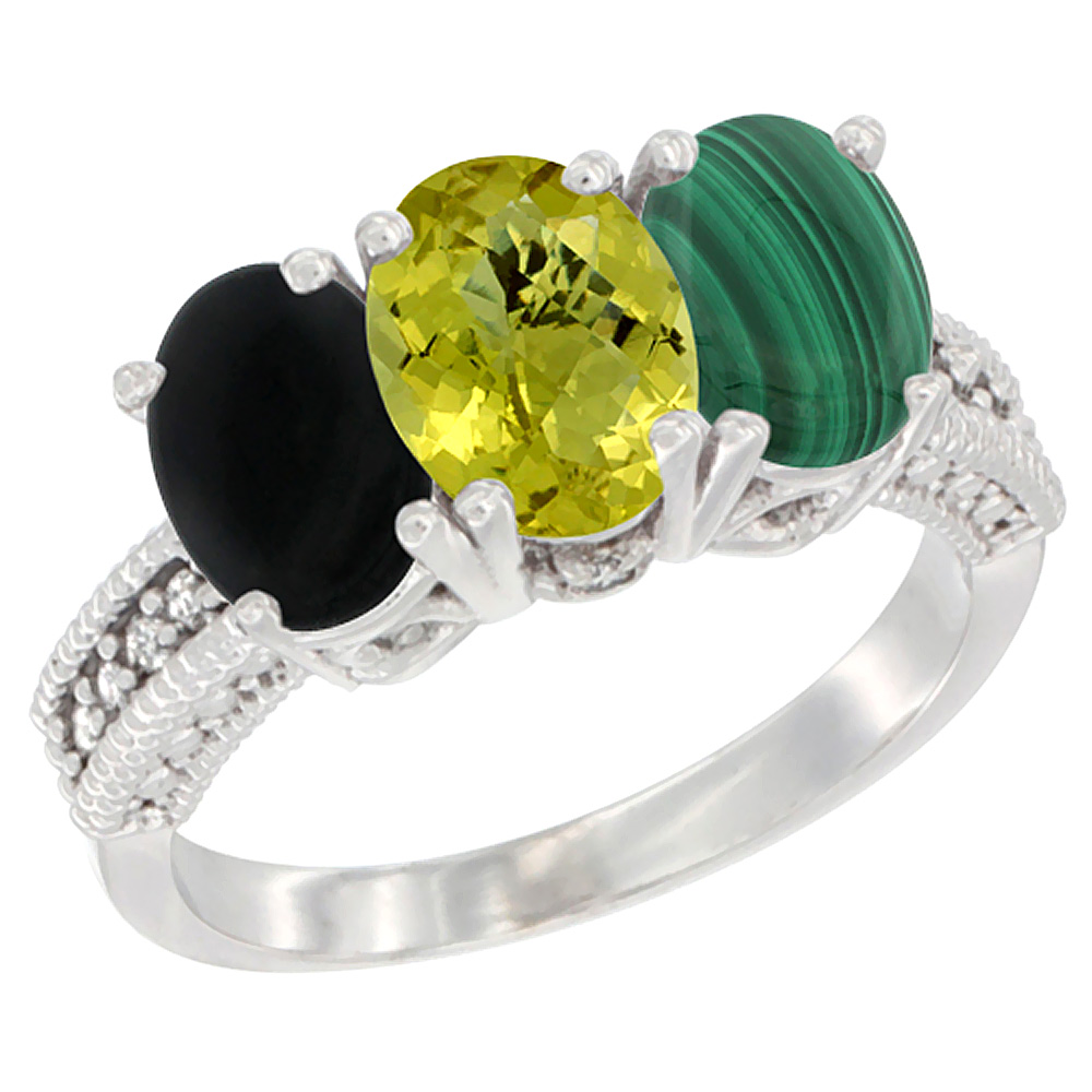 14K White Gold Natural Black Onyx, Lemon Quartz & Malachite Ring 3-Stone 7x5 mm Oval Diamond Accent, sizes 5 - 10