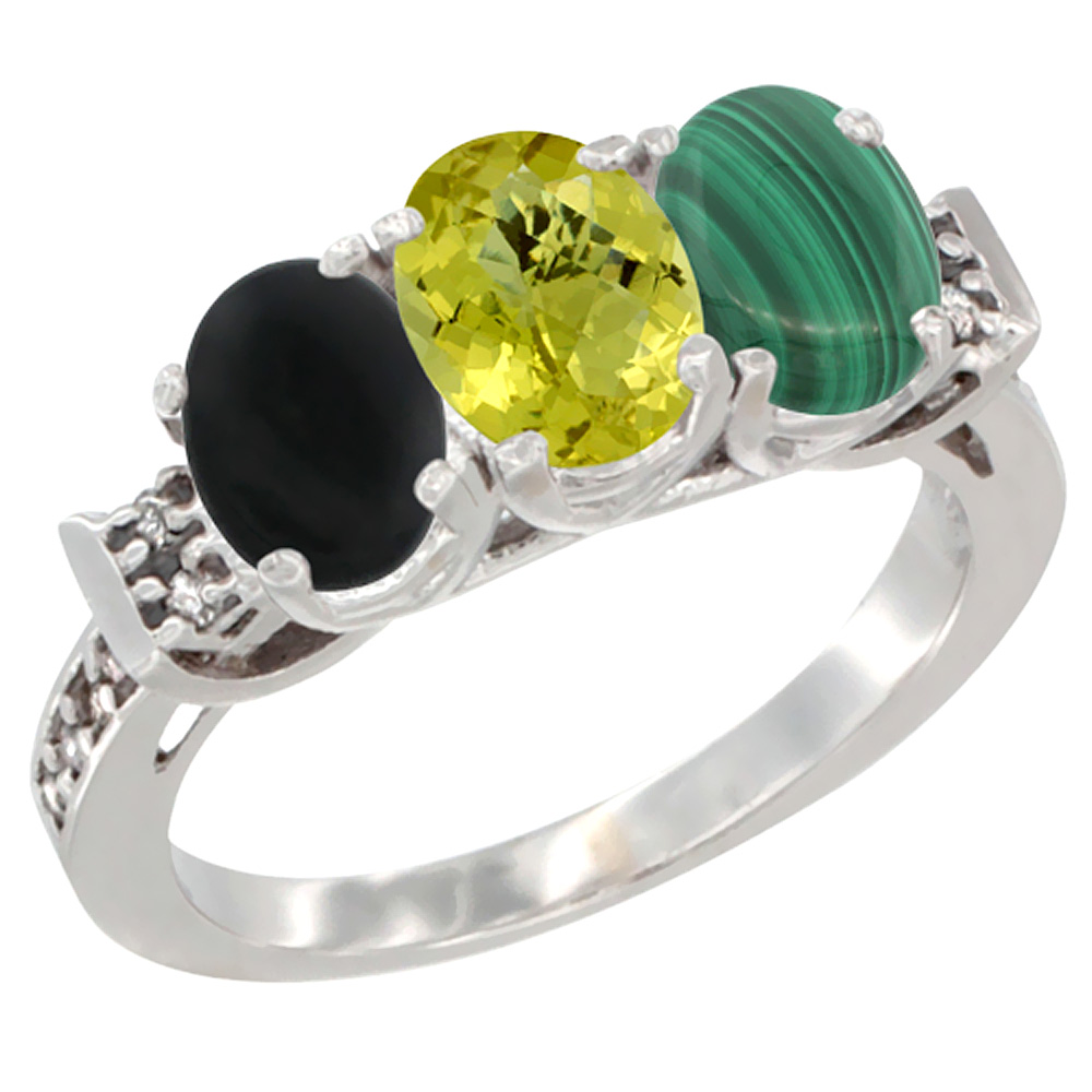 10K White Gold Natural Black Onyx, Lemon Quartz &amp; Malachite Ring 3-Stone Oval 7x5 mm Diamond Accent, sizes 5 - 10