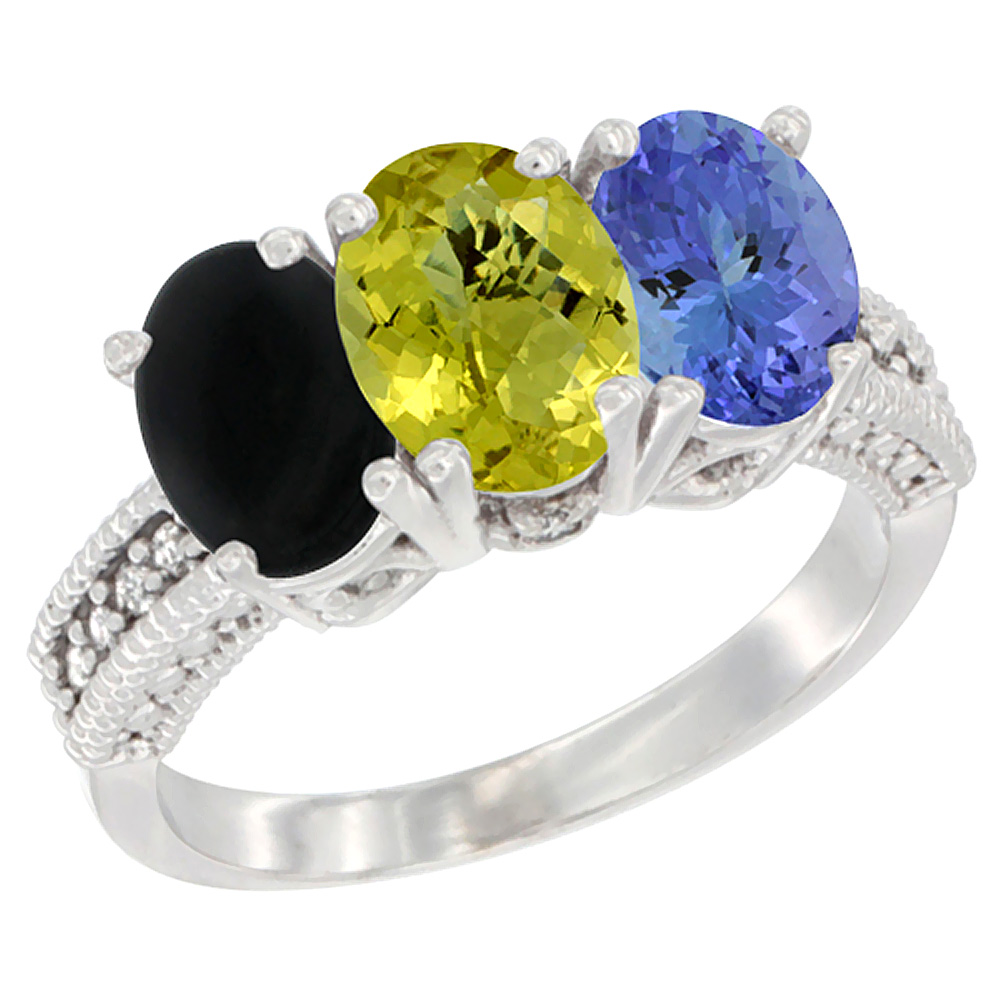 14K White Gold Natural Black Onyx, Lemon Quartz &amp; Tanzanite Ring 3-Stone 7x5 mm Oval Diamond Accent, sizes 5 - 10