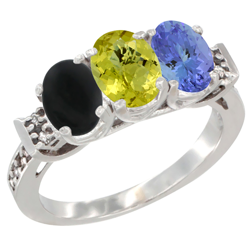 14K White Gold Natural Black Onyx, Lemon Quartz &amp; Tanzanite Ring 3-Stone Oval 7x5 mm Diamond Accent, sizes 5 - 10