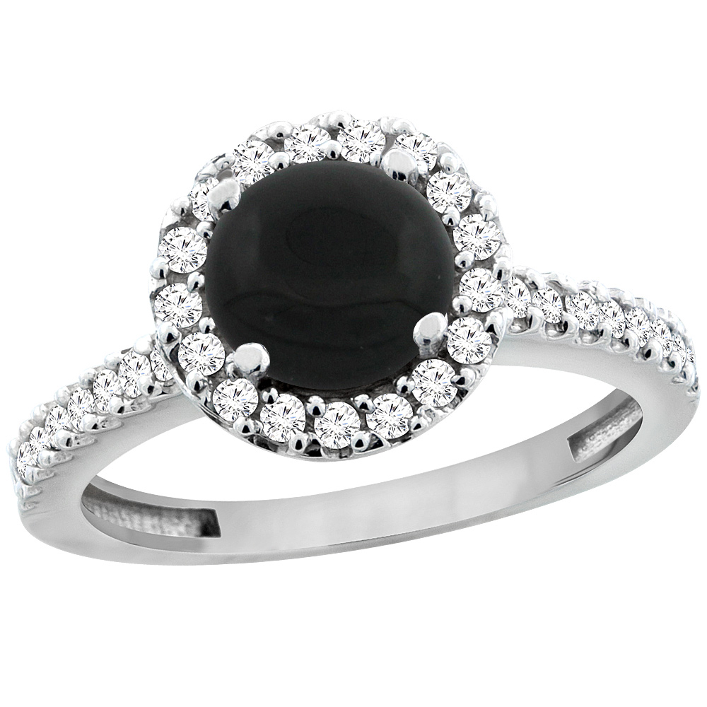 10K White Gold Natural Black Onyx Ring Round 6mm Floating Halo Diamond, sizes 5 - 10