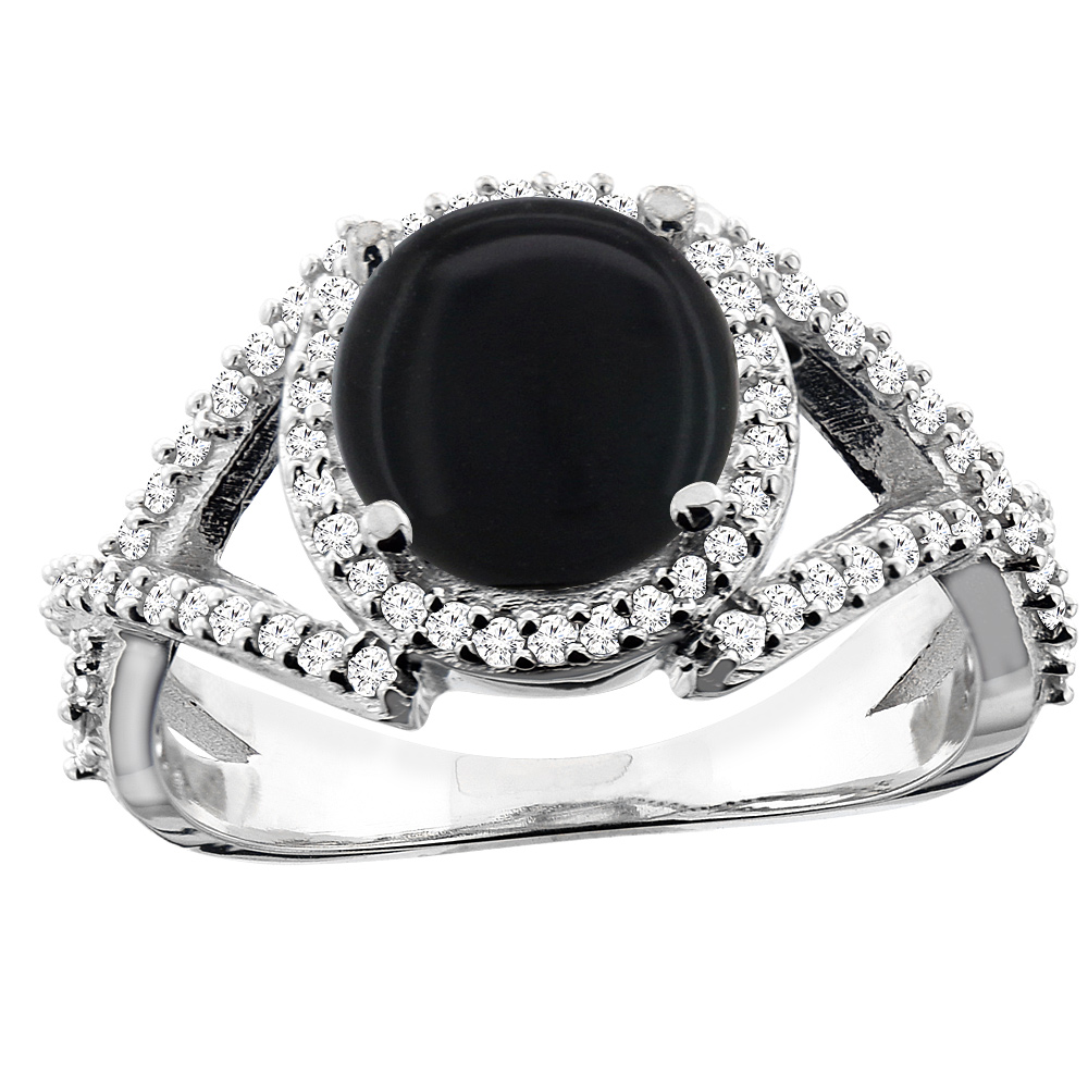 10K White/Yellow/Rose Gold Natural Black Onyx Ring Round 8mm Diamond Accent, sizes 5 - 10