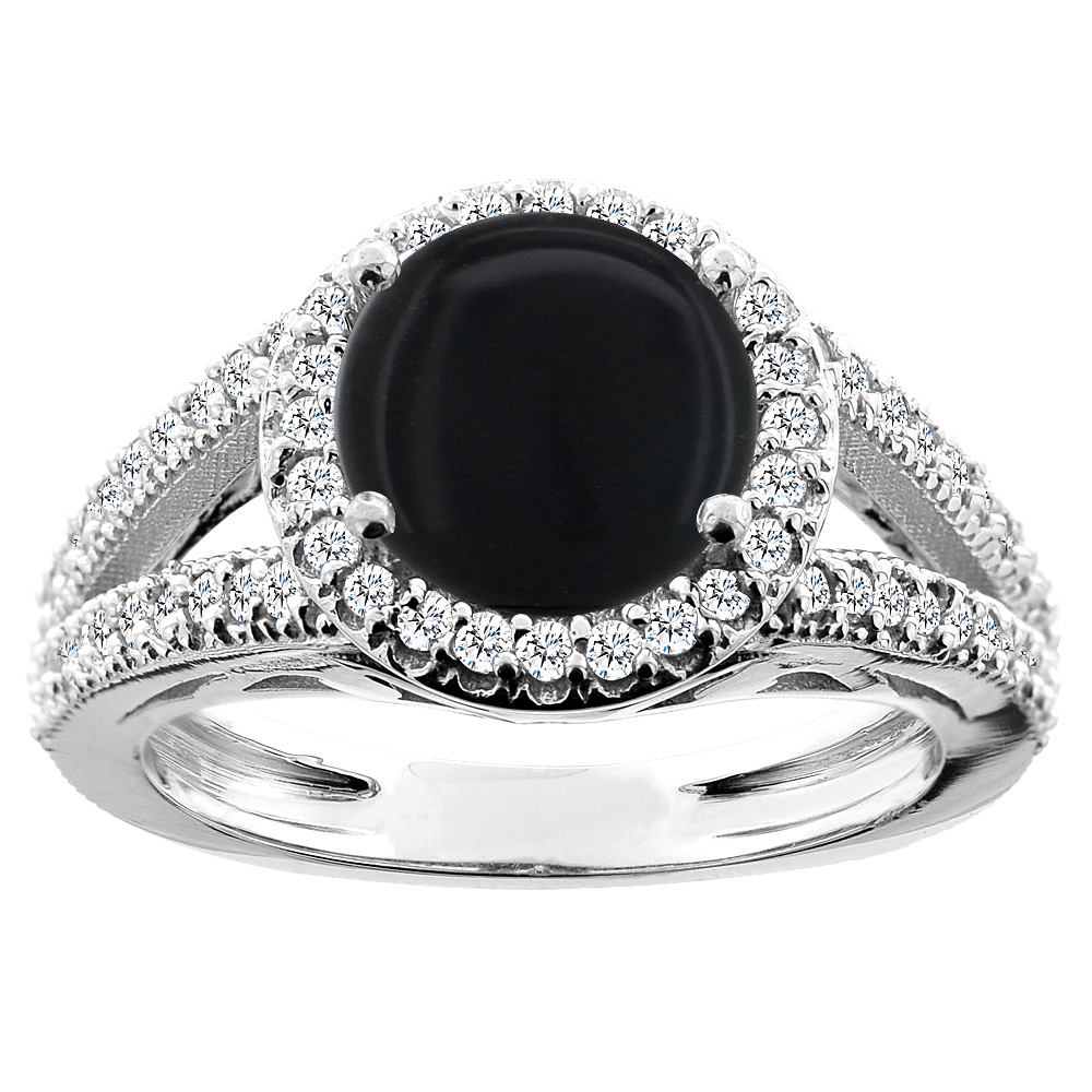 14K White/Yellow/Rose Gold Natural Black Onyx Ring Round 8mm Diamond Accent, sizes 5 - 10