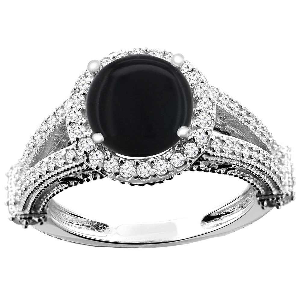 14K White/Yellow/Rose Gold Natural Black Onyx Ring Round 8mm Diamond Accent, sizes 5 - 10