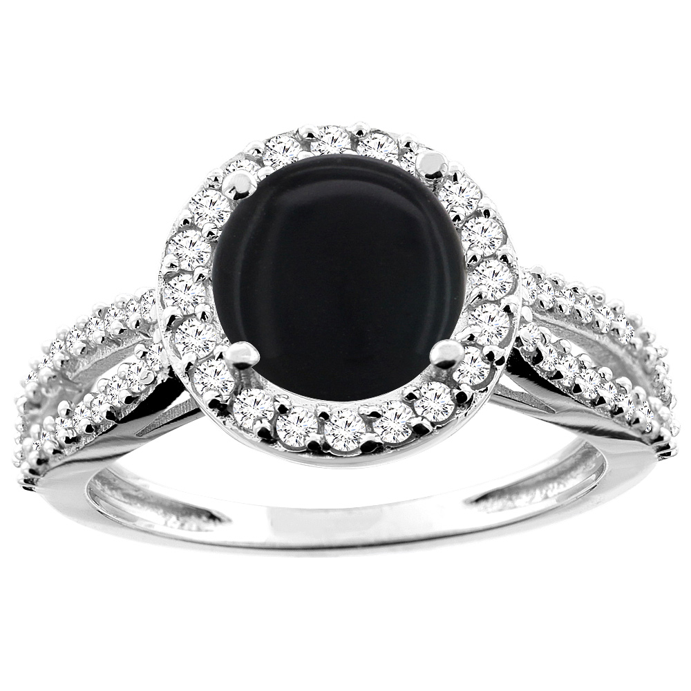 14K White/Yellow/Rose Gold Natural Black Onyx Ring Round 8mm Diamond Accent, sizes 5 - 10