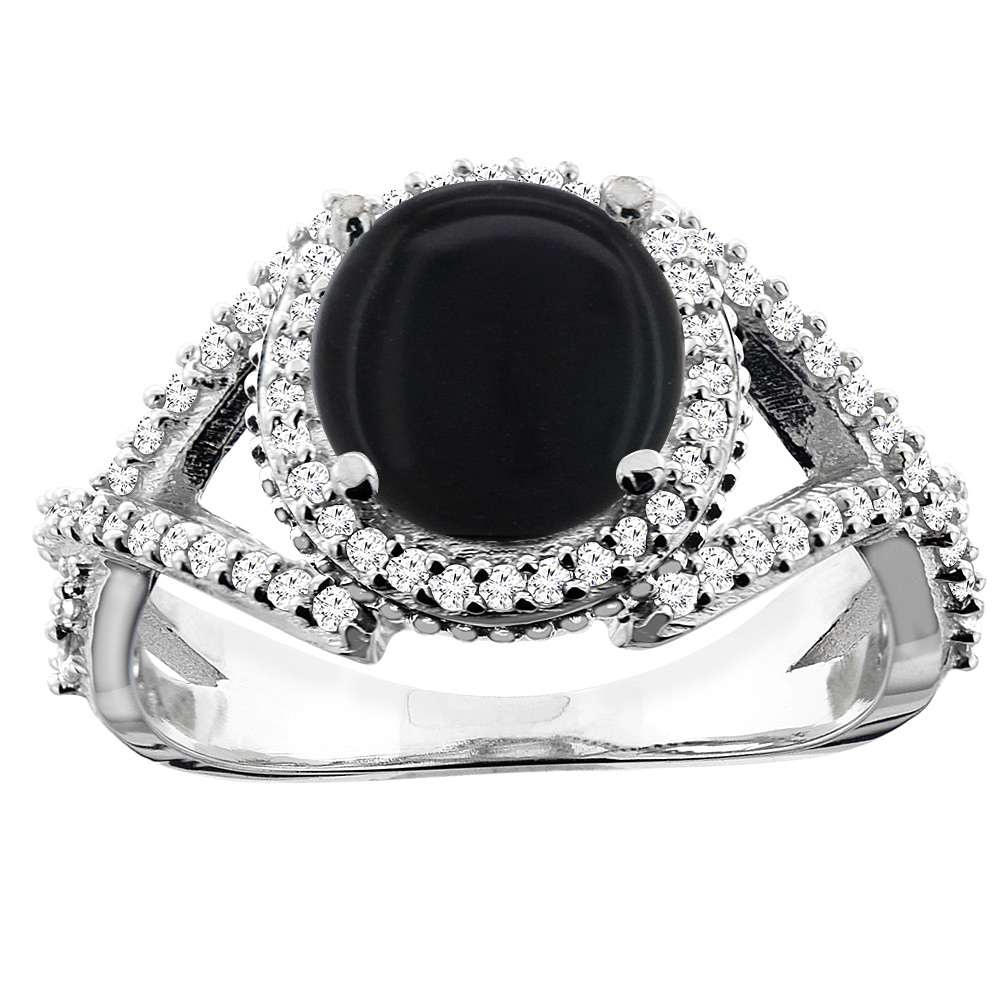 10K White/Yellow/Rose Gold Natural Black Onyx Ring Round 8mm Diamond Accent, sizes 5 - 10