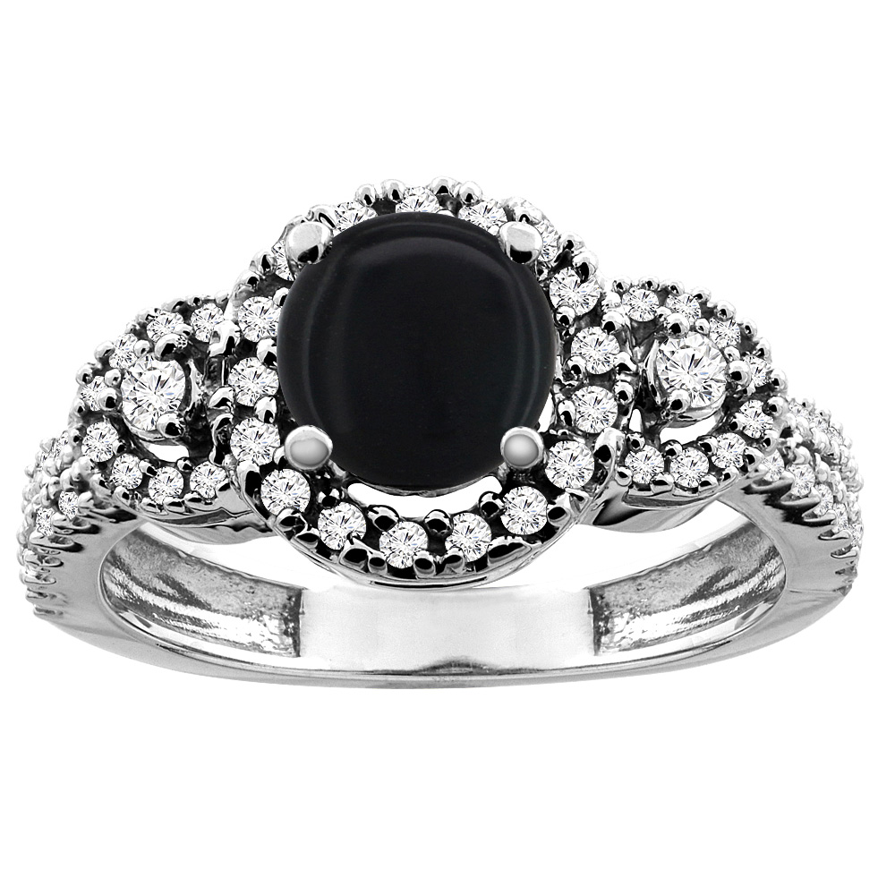 14K White/Yellow Gold Diamond Halo Natural Black Onyx Ring Round 6mm, sizes 5 - 10