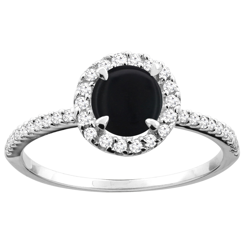 10K Gold Natural Black Onyx Ring Round 6mm Diamond Accents, sizes 5 - 10